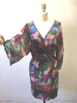 Womens, Dress, Long & 3/4 Sleeve, PRESLEY SKYE, Multi-color, Magenta Purple, Green, Gray, Orange, Silk, Polyester, Abstract , S, Abstract Watercolor Pattern Chiffon, Wide 3/4 Sleeves, Wrapped V-neck with Tiny Snap Closures, Elastic Waist, Faux Wrap Detail at Waist, Hem Above Knee **Barcode Located Behind Front Neckline