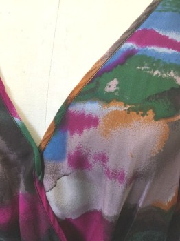 Womens, Dress, Long & 3/4 Sleeve, PRESLEY SKYE, Multi-color, Magenta Purple, Green, Gray, Orange, Silk, Polyester, Abstract , S, Abstract Watercolor Pattern Chiffon, Wide 3/4 Sleeves, Wrapped V-neck with Tiny Snap Closures, Elastic Waist, Faux Wrap Detail at Waist, Hem Above Knee **Barcode Located Behind Front Neckline