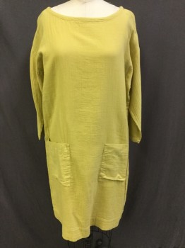 EILEEN FISHER, Chartreuse Green, Cotton, Solid, Bateau/Boat Neck, 3/4 Sleeves, Gauze, 2 Patch Pockets