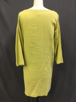 EILEEN FISHER, Chartreuse Green, Cotton, Solid, Bateau/Boat Neck, 3/4 Sleeves, Gauze, 2 Patch Pockets