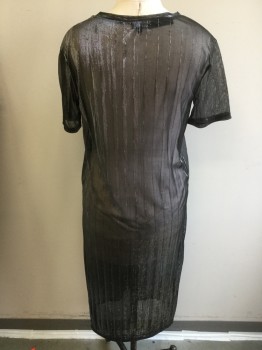 Womens, Dress, Short Sleeve, ONTWELFTH, Silver, Black, Nylon, Spandex, Stripes - Vertical , Small, Round Neck,  Pullover, Knit, Sheer