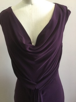 Womens, Evening Gown, SHUBETTE, Plum Purple, Polyester, Solid, 4, Sleeveless, Draped Neck, Rouching on Sides with Long Pannels