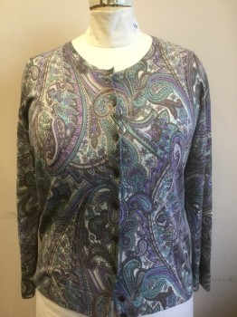 TALBOTS, Multi-color, Lt Blue, Lavender Purple, White, Gray, Wool, Paisley/Swirls, Knit, Long Sleeves, Scoop Neck, Dark Gray Plastic Buttons at Front