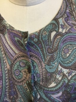 Womens, Sweater, TALBOTS, Multi-color, Lt Blue, Lavender Purple, White, Gray, Wool, Paisley/Swirls, 1X, Knit, Long Sleeves, Scoop Neck, Dark Gray Plastic Buttons at Front