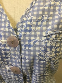 PETITE SOPHISTICATE, Lt Blue, White, Polyester, Check , Floral, Blazer - Check Pattern with Floral Detail , V.neck, Large Lavender Plastic Buttons Center Front, Short Sleeves, Early 90's Fashion,