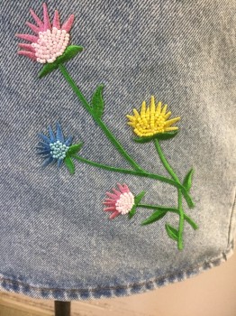CACHE, Lt Blue, Cotton, Mini Skirt, Green/ Light Blue/ Light Yellow/ Light Pink Flower Applique with Seed Beads On Left Front, 5 Pckts, Btn Fly