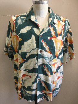 TROPICAL TRADING CO, Green, Ecru, Red, Orange, Yellow, Cotton, Floral, Short Sleeves, Button Front, 1 Pocket, Collar Attached, Calla Lily Print