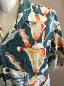 TROPICAL TRADING CO, Green, Ecru, Red, Orange, Yellow, Cotton, Floral, Short Sleeves, Button Front, 1 Pocket, Collar Attached, Calla Lily Print