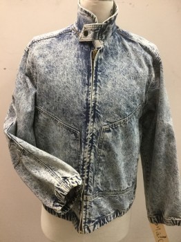 GITANO OUTERWEAR, Lt Blue, Cotton, Acid Wash, Floral, Zip Front, 2 Pockets, Stand Collar with Snap Tab, Darted Inner Elbows, Spent Elastic Waist and Cuffs, Embossed Floral Shield and Banner Center Back, Unisex
