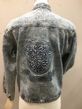 Mens, Jacket, GITANO OUTERWEAR, Lt Blue, Cotton, Acid Wash, Floral, S, Zip Front, 2 Pockets, Stand Collar with Snap Tab, Darted Inner Elbows, Spent Elastic Waist and Cuffs, Embossed Floral Shield and Banner Center Back, Unisex