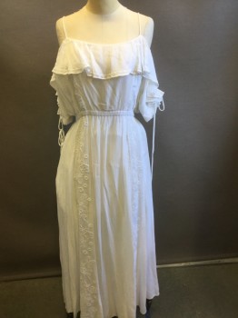 Womens, Dress, Short Sleeve, NL, White, Rayon, Cotton, Solid, Floral, L, Spaghetti Straps with Short Sleeves , Cut Out Shoulders with Ties, Ruffled Bodice, Elastic Waist, Self Floral Embroidery, Long