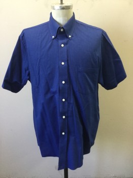 VAN HEUSEN, Royal Blue, Cotton, Polyester, 2 Color Weave, Royal Blue with Lighter Blue Weave, Short Sleeve Button Front, Collar Attached, Button Down Collar, 1 Patch Pocket,  **Has a Double