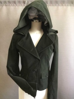 Womens, Casual Jacket, THOERY, Moss Green, Cotton, Solid, 2, Pinwale Corduroy, Button Front, Collar Attached, Full Hood, 2 Button Flap Pocket,