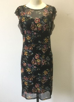 Womens, Dress, Sleeveless, NICOLE MILLER, Black, Multi-color, Polyester, Spandex, Floral, M, Black Sheer Net with Multicolor Flower Pattern, Micro Cap Sleeves, U-Neck, Black Opaque Slip Underlayer Attached at Shoulders, Knee Length