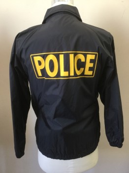 Mens, Fire/Police Jacket, LANDMARK, Navy Blue, Yellow, Nylon, Text, XL, Windbreaker, Snap Front, Collar Attached, Yellow "Police" on Front Lapel and on Back, 2 Welt Pocket, Drawstring Waist