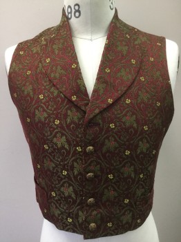 MTO, Dk Red, Olive Green, Dk Olive Grn, Yellow, Silk, Floral, Silk Floral Front, Single Breasted, Brass Buttons, Shawl Collar, 2 Pockets, Solid Shiny Dark Red Back, Self Back Belt (Top Button Missing)