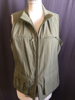 Womens, Vest, TRAVEL SMITH, Olive Green, Nylon, Polyester, Solid, M, Collar Attached, Zip Front, Partial Olive Net Lining, 2 Hidden Zip Pockets & 2 Pockets with Flap