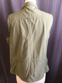 Womens, Vest, TRAVEL SMITH, Olive Green, Nylon, Polyester, Solid, M, Collar Attached, Zip Front, Partial Olive Net Lining, 2 Hidden Zip Pockets & 2 Pockets with Flap