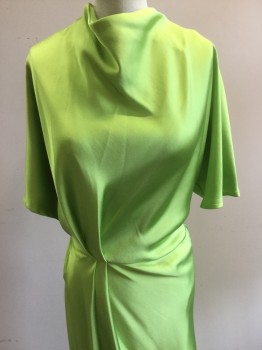 Womens, Evening Gown, STINE GOYA, Chartreuse Green, Polyester, Solid, S, Satin, High Draped Neck, Blousey Top with High Back Neck and 3 Buttons, Short Sleeves, Drop Waist, Faux Wrap  Skirt with 2 Pleat Details in Front, Side Zip, **Stain in Front, About Knee Level