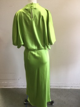 Womens, Evening Gown, STINE GOYA, Chartreuse Green, Polyester, Solid, S, Satin, High Draped Neck, Blousey Top with High Back Neck and 3 Buttons, Short Sleeves, Drop Waist, Faux Wrap  Skirt with 2 Pleat Details in Front, Side Zip, **Stain in Front, About Knee Level