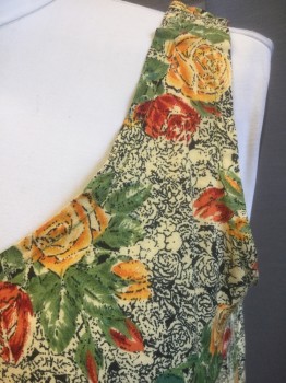 Womens, Tank Top, PAT YOUNG, Ecru, Red, Sage Green, Sunflower Yellow, Black, Rayon, Floral, B:40, Sleeveless with 1.5" Wide Straps, Scoop Neck, Slits at Sides at Hem,
