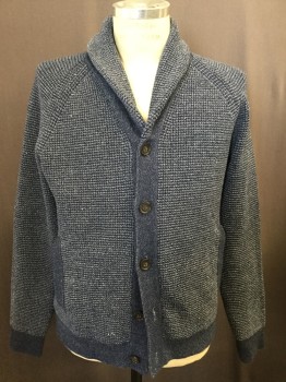 Mens, Cardigan Sweater, BANANA REPUBLIC, Navy Blue, White, Cotton, Polyester, Solid, M, Navy and White Micro Waffle Weave, Shawl Collar