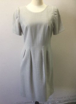 Womens, 1980s Vintage, Suit, Dress, N/L, Gray, Lt Gray, Wool, Houndstooth, W:28, B:36, H:38, Short Sleeves, Scoop Neck with Gray Grosgrain Edging/Trim, Sheath, Princess Seams, Double Pleats at Waist, Knee Length, Slightly Padded Shoulders, Retro 1980's Does 1960's