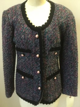 ICE NINE, Purple, Black, Teal Blue, Lavender Purple, Magenta Purple, Polyester, Acrylic, Speckled, 4 Buttons, 4 Pockets, Scoop Neck, Bouccle Knit