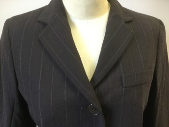 LAUREN, Dk Brown, Lt Gray, Wool, Polyester, Stripes - Pin, Single Breasted, 4 Buttons, Notched Lapel,