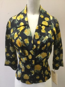 Womens, Blouse, N/L, Black, Yellow, Gold, Green, Taupe, Silk, Floral, S, Button Front, Notched Lapel, 3/4 Sleeve