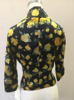 Womens, Blouse, N/L, Black, Yellow, Gold, Green, Taupe, Silk, Floral, S, Button Front, Notched Lapel, 3/4 Sleeve