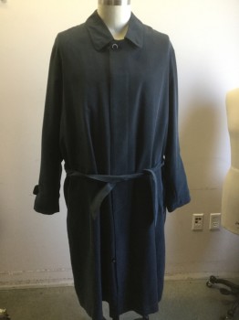 Mens, Coat, Trenchcoat, BARNEYS NY, Midnight Blue, Polyester, Solid, 46, Button Front, Hidden Placket, Collar Attached, Belt