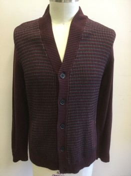 Mens, Cardigan Sweater, ALFANI, Maroon Red, Gray, Black, Red, Cotton, Check , Solid, 42, Large, 5 Buttons, Maroon Edging and Solid Back
