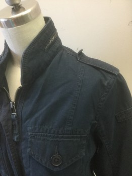 Womens, Casual Jacket, ABERCROMBIE & FITCH, Navy Blue, Cotton, Solid, XS, Twill Lightweight Jacket, Zip Front, 4 Pockets with Button Flap Closures, Epaulettes at Shoulders, Stand Collar with Zip Detail, Drawstring at Inside Waist, No Lining
