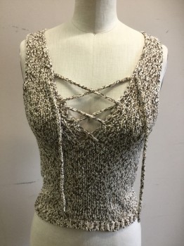 Womens, Top, ASTR, Off White, Cream, Gold, Brown, Acrylic, Polyester, 2 Color Weave, XS, Sleeveless, Sweater Knit, Lace Up Front,