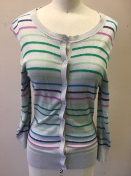 HALOGEN, Gray, Mint Green, Green, Purple, Pink, Viscose, Stripes, Gray with Multi Color Horizontal Stripes, Button Front, Solid Gray Ribbed Knit Collar/Cuff/Waistband