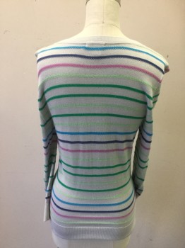 HALOGEN, Gray, Mint Green, Green, Purple, Pink, Viscose, Stripes, Gray with Multi Color Horizontal Stripes, Button Front, Solid Gray Ribbed Knit Collar/Cuff/Waistband