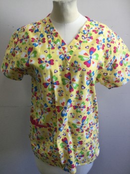 DICKIES, Yellow, White, Blue, Magenta Pink, Purple, Poly/Cotton, Hearts, Floral, V-neck, Short Sleeves, 2 Pockets,