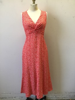 REBECCA TAYLOR, Red, White, Coral Orange, Synthetic, Floral, Red with White Floral and Coral Dotted Print, Knotted Front, Smocked Side Panels, Zip Back, Hem Below Knee