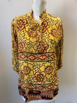 N/L, Sunflower Yellow, Black, Red, Salmon Pink, Cotton, Floral, Diamonds, Pullover, Band Collar, 3 Buttons,  3/4 Sleeves, Side Slits, Little Fading of the Red on the Shoulder