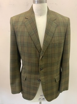 ROYAL YORK, Olive Green, Burnt Orange, Dk Brown, Green, Wool, Plaid, Button Front, 3 Buttons, 3 Pockets, Notched Lapel, 2 Button Sleeves, Single Vent,