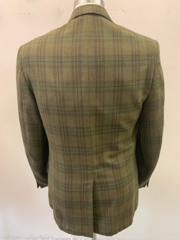 Mens, Blazer/Sport Co, ROYAL YORK, Olive Green, Burnt Orange, Dk Brown, Green, Wool, Plaid, 40L, Button Front, 3 Buttons, 3 Pockets, Notched Lapel, 2 Button Sleeves, Single Vent,