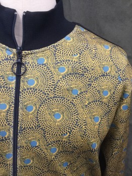 Mens, Casual Jacket, ZARAMAN, Mustard Yellow, Navy Blue, Black, Blue-Gray, Polyester, Elastane, Swirl , L, Swirled and Dotted Pattern, Zip Front, Solid Black Ribbed Knit Stand Collar, Solid Black Ribbed Knit Waistband/Cuff, Black Stripe Down Sleeves