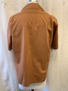 MANHATTAN, Lt Brown, Poly/Cotton, Solid, Collar Attached, Button Front, Short Sleeves, 2 Patch Pocket with Flaps, White Stitching