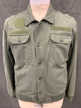 Mens, Casual Jacket, KOTO, Dk Olive Grn, Cotton, Solid, L, Zip Front with Button Front Panel, 4 Pockets, Collar Attached, Long Sleeves, Ribbed Knit Cuff/Waistband, Multiple Velcro Patches, Back Yoke Crossed Over