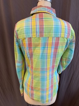 Womens, Shirt, D & G, Mint Green, Teal Blue, Dk Red, Yellow, White, Cotton, Plaid, S, Collar Attached, Button Front, Long Sleeves, Curved Hem