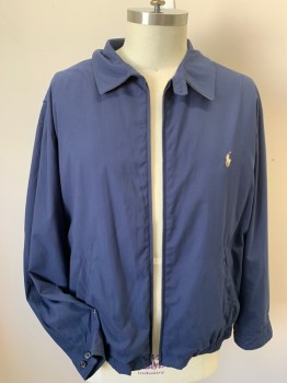 Mens, Casual Jacket, POLO RALPH LAUREN, Navy Blue, Lt Khaki Brn, Polyester, Cotton, Solid, Plaid-  Windowpane, 3XB, Collar Attached with Light Khaki Lining, Navy with Broken Square Windowpane Lining, Zip Front, 2 Slant Pockets, Long Sleeves, Elastic Hem