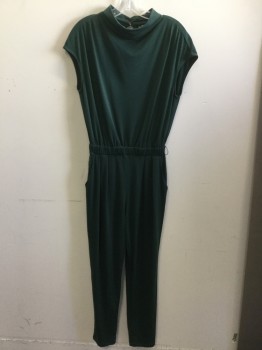 Womens, Jumpsuit, JENNIFER LOPEZ, Forest Green, Polyester, Elastane, Solid, 8, High  Crew Neck, Over Lap Key Hole with 2 Small Gold Button Back, 1.25" Elastic Waistband, 2 Pleat Front, 2 Side Pocket Front, Cap Sleeves,