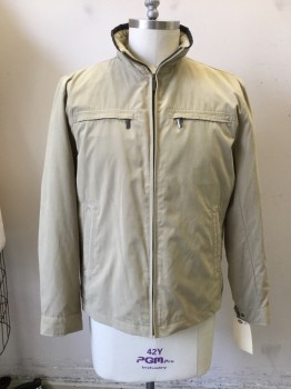 Mens, Casual Jacket, LONDON FOG, Khaki Brown, Polyester, Nylon, Solid, L, Zip Front, Stand Collar, 4 Pockets, Lightweight Jacket