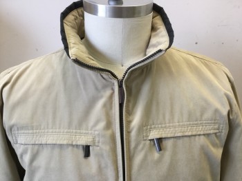 Mens, Casual Jacket, LONDON FOG, Khaki Brown, Polyester, Nylon, Solid, L, Zip Front, Stand Collar, 4 Pockets, Lightweight Jacket